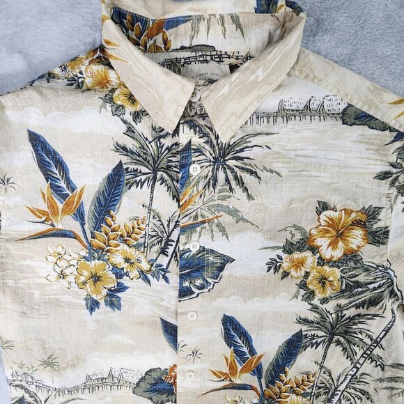 RedHead Hawaiian Shirt Mens L Tropical Floral Tan Blue Palm Trees Short Sleeve - Picture 3 of 9
